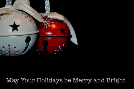 Christmas bell ornaments red and white with silver ribbon with May Your Holidays be Merry and Bright