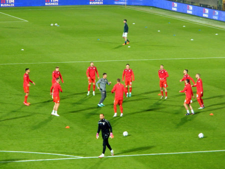 North Macedonia team during the athletic training that precedes the start of the 2022 FIFA World Cup Qualifier knockout round play-off match between Italy and North Macedonia at Stadio Renzo Barbのeditorial素材