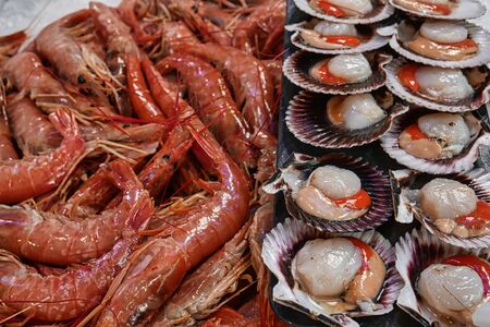 prawns and oyster in fish market table