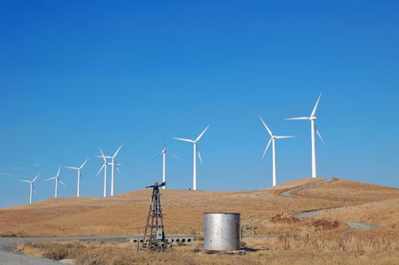 Modern windmills in northern Califronia generating electricity.の写真素材