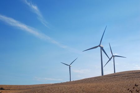 Modern windmills in northern Califronia generating electricity.