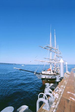 Old style wooden sailing vessel, docked at Port Townsend, Washington State.