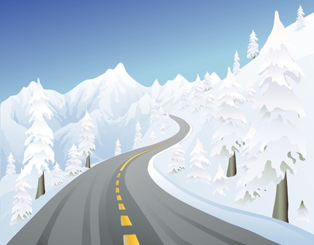 snowy mountain road in the winterのイラスト素材