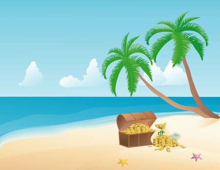 Pirate treasure on a tropical beach with palm treesのイラスト素材