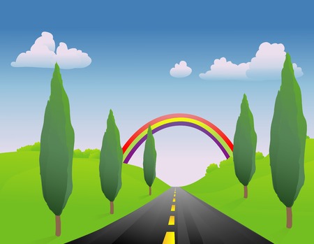 Spring road with a rainbow at the end のイラスト素材