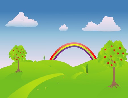 Trail through the countryside in springtime with a rainbow at the endのイラスト素材