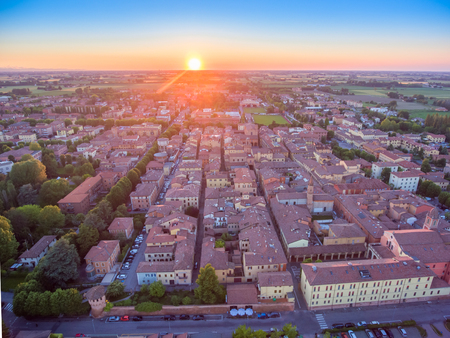 Aerial view of Budrio, typical medieval village of the province of Bologna. Italy.