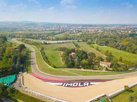 Imola, Italy - September 27, 2017: Aerial view of the Enzo and Dino Ferrari racing cars in Imola. The circuit is 4,909 meters long.のeditorial素材