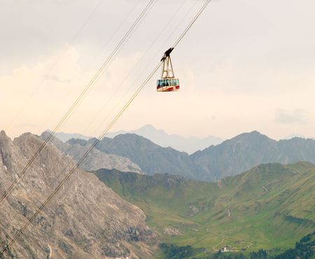 Cable railway from pass Pordoi in the Dolomites mountains, Alps, Italyの写真素材