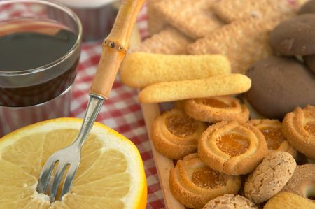 Cereal biscuits, grapefruit and a cup of tea: Italian style light and healthy breakfastの写真素材