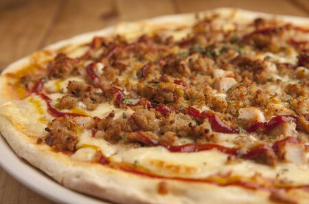 Delicious barbecue pizza close up with a beautiful composition.の写真素材