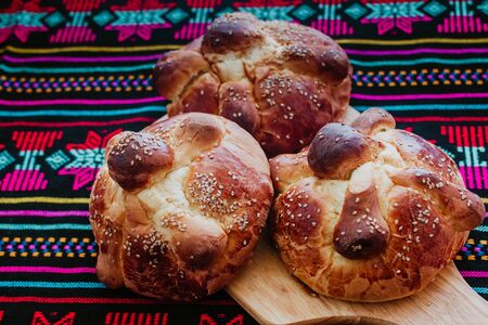 Pan de Muerto, mexican Sweet bread in Day of the Dead celebration in Mexicoの写真素材