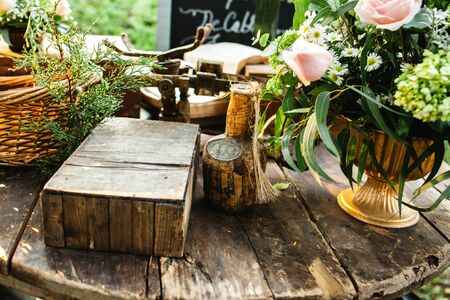 table setup, wedding guest table, reception layout vintage and rusticの写真素材