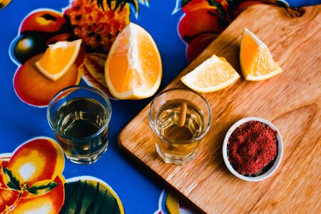 mezcal shot with chili salt and agave worm, mexican drink in mexicoの写真素材