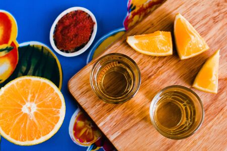 mezcal shot with chili salt and agave worm, mexican drink in mexicoの写真素材