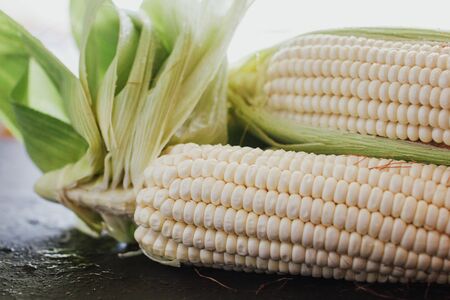 peeled corns in a black backgroundの写真素材