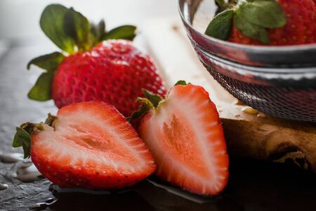 Fresh strawberries juicy on wooden table