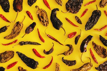 Mexican Dried red chili peppers and chili powder spice on yellow backgroundの写真素材