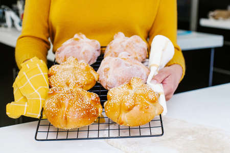 Mexican bread of the dead called pan de muerto traditional from Mexico in halloween