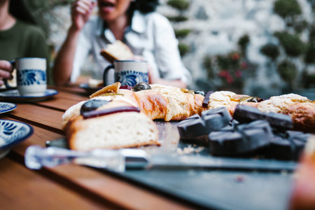 Rosca de reyes or Epiphany cake, Roscon de reyes with traditional mexican chocolate cupの写真素材