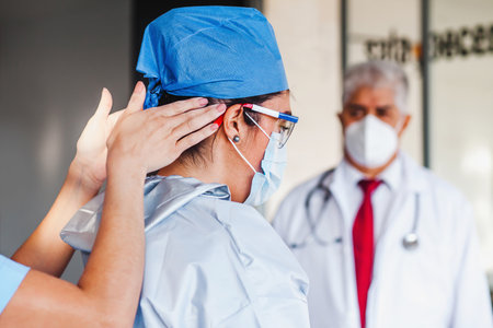 Latin woman doctor preparing to enter surgery in a hospital in Mexicoの写真素材