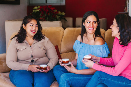 Latin women friends hanging out and drinking coffee in home in Mexico cityの写真素材