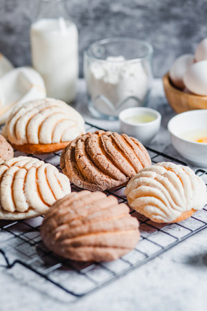 concha mexican bread, Ingredients for baking traditional conchas in Mexicoの写真素材