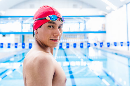 portrait of young latin man swimmer at the pool in Mexico Latin Americaの写真素材