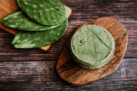 Mexican tortillas made with nopales in color green healthy vegan and organic food in Mexicoの写真素材