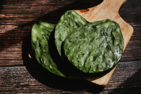 Leave of cactus nopales Mexican food ingredient green food. top view in Mexicoの写真素材