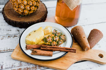 ingredients for Tepache Mexican fermented beverage made with pineapple, panela and cinnamon traditional in Mexico cityの写真素材