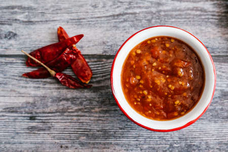 Mexican red sauce made of tomato and chile de arbol, traditional food of Mexicoの写真素材