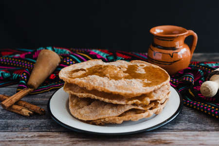 mexican buÃ±uelos recipe and ingredients of traditional dessert for Christmas in Mexicoの写真素材