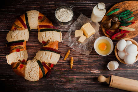 Mexican Epiphany cake ingredients and recipe on a wooden table in Mexico Latin Americaの写真素材