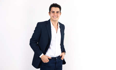 Portrait of young latin successful businessman on white background