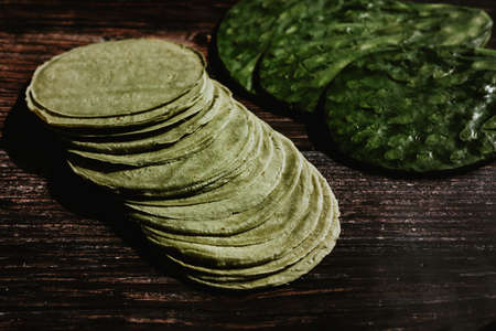 Mexican tortillas made with nopal in color green healthy vegan and organic food in Mexicoの写真素材