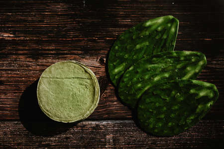 Mexican tortillas made with nopal in color green healthy vegan and organic food in Mexicoの写真素材