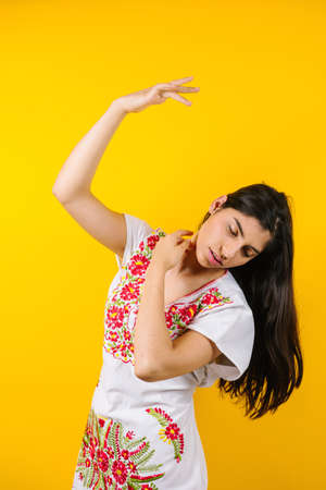 portrait of young hispanic woman with mexican traditional dress and copy space on yellow background in Mexico Latin Americaの写真素材