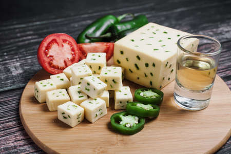 Mexican Chihuahua cheese with jalapeÃ±o or mennonite spicy cheese from Mexico Latin Americaの写真素材
