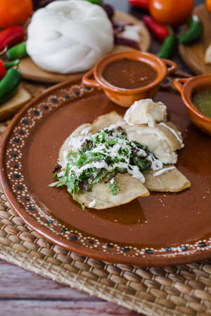 Mexican quesadillas with cheese and salsa sauce traditional food in Mexicoの写真素材