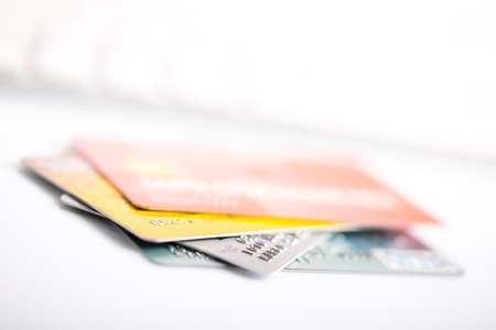 Macro of a credit cards on a computer keyboard.