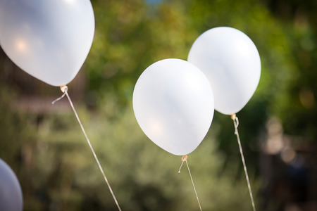 White Balloons on Green Background in a Wedding Dayの写真素材