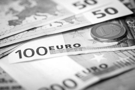 Euro money: closeup of banknotes and coinsの写真素材