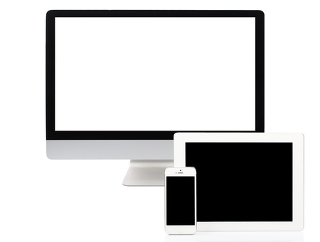 Computer, Tablet and Smartphone on White Backgroundの写真素材