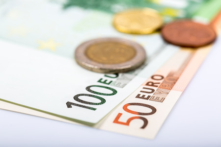 Euro money: closeup of banknotes and coinsの写真素材