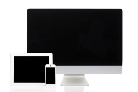 Computer, Tablet and Smartphone on White Backgroundの写真素材