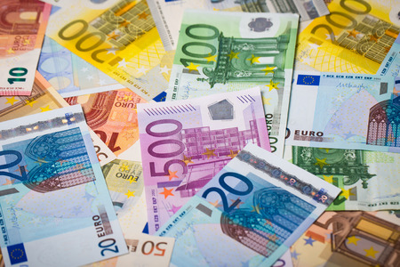 Euro money: closeup of banknotes and coinsの写真素材