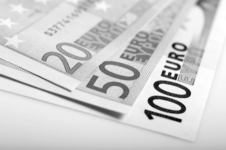 Euro money: closeup of banknotes and coinsの写真素材