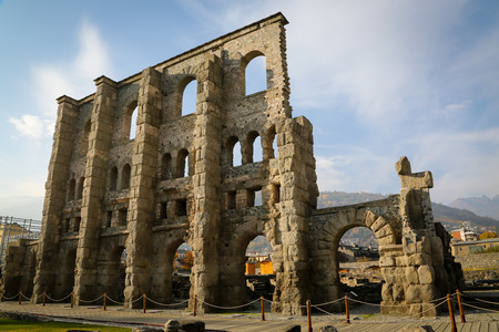 Ancient roman ruins in the city of Aosta, Italyの写真素材