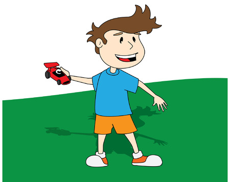 garoto brincando com carrinho vermelho na mのイラスト素材